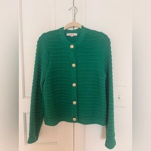 LOFT Emerald Green Textured Crewneck Cardigan with Gold Buttons